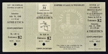 1948 London Olympic Games ticket an unused complimentary ticket for the Athletic Events at the