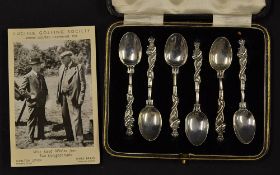 Set of 6x Lucifer silver golfing tea spoons and Lucifer Golfing Society James Braid Postcard -