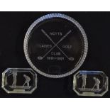Pair of golfing crystal ware salt and pepper trays - etched on the base with golfing figures