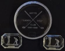 Pair of golfing crystal ware salt and pepper trays - etched on the base with golfing figures