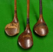 3x mid-size woods incl, J H Taylor striped topped spoon, Jackson striped top brassie and T