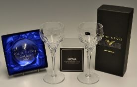 Japanese Golf Association gift comprising pair of Hoya Crystal Wine Glasses - 7"h and in mob and