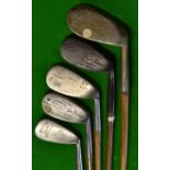 5x mashie niblicks - makers incl 2x Geo Duncan Akros models with Gibson Star stamp marks, Alex