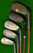 5x mashie niblicks - makers incl 2x Geo Duncan Akros models with Gibson Star stamp marks, Alex