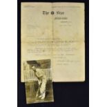 Jack Hobbs Signed Cricket Postcard black and white postcard signed in blue ink to the front, with an