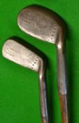 2x Fairlie's Patent anti shank irons - incl a mashie and niblick, one with a black taped grip.