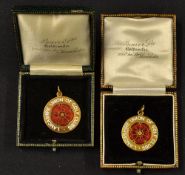 2x Lancashire Union of Golf Clubs 9ct gold and enamel members fob - both hallmarked and inlaid