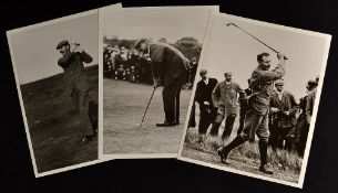 3 x reproduction 10" x 8" black & white golf photos of James Braid, J H Taylor and Harry Vardon -
