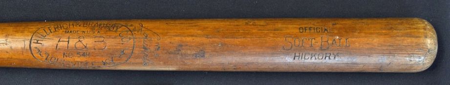 Softball - Hillerich and Bradsby Softball Bat an official Hickory bat NO 54H, Louisville, KY,