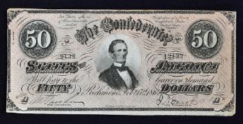 1864 Confederate States of America $50 Banknote Richmond Feb. 17th Portrait of the Confederate