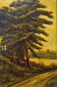 Adolf Hitler attributed oil painting dated 1911 depicts a rural lakeside scene, with a track in
