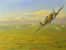 Spitfire Painting by Geoffrey Lea Oil on Canvas with artist signature to bottom corner, unframed