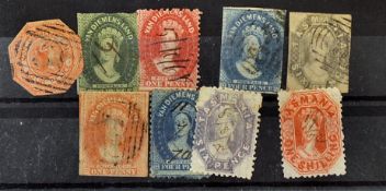 Australia - Tasmania & Vandiemens Land Stamps c. 1853-60s to include 9x different early postage