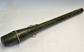 Military Type Metal carrier with long thing cylindrical body and thicker end, opens with a hinged