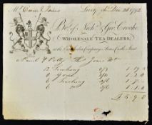 Early Liverpool Billhead c.1792 bought of Nicholas & George Crooke Wholesale Tea-Dealers at the East