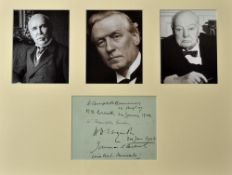 Scarce Autographed Page by Three Prime Ministers of the 20th Century: Autographed page mounted