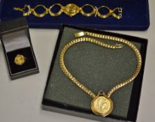 Franklin Mint Cleopatra Bracelet Watch, Ring and Necklace Gold Plated watch with 22carat gold, has