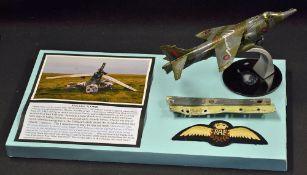 Display of Harrier XZ988 Tail Section shot down in Falklands War and Harrier diecast model signed