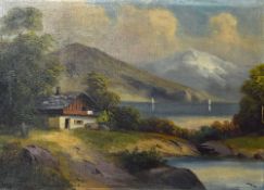Adolf Hitler attributed oil painting dated 1910 depicts a lake side house with mountainous
