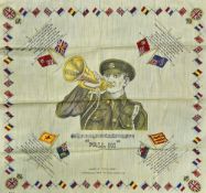 WWI Illustrated Cloth c. 1915 picture of Bugler and legend "Fall in" Popular Music Hall song. Also