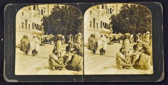 India - Amritsar Golden Temple Stereoview 1900s showing devotees and Buildings around the