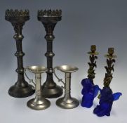 Selection of Candlestick Holders to include a pair of large pewter candlesticks measuring 45cm,