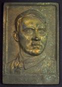 WWII German Adolf Hitler Cast Metal Plaque facing bust with engraved 'Reichskanzler Adolf Hitler'