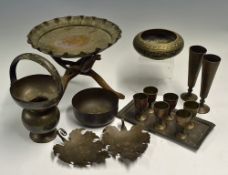 Selection of Indian Brass Items included a set of 6x Miniature Goblets and tray, pair of wine flutes