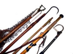 ACCESSORIES: (5) Hardy combined bamboo handle wading staff/boat hook, 52" overall with belt clip and