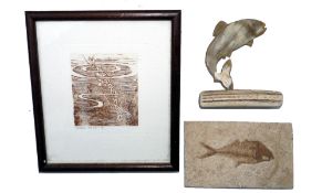 ORNAMENTS: (3) Prehistoric fish Fossil in stone 5"x3", a hand carved polished horn leaping fish on