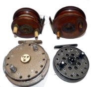 REELS: (4) Pair of Slater latch mahogany/brass starback reels, 3.5" and 4" dia. with ratchets and