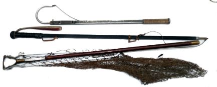 ACCESSORIES: (3) Early Hardy folding landing net, 17" folding alloy arms, belt clip, brass triangle,