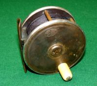 REEL: Hardy brass/ebonite early fly reel, 3.5" diameter, Hardy oval logo and white handle to