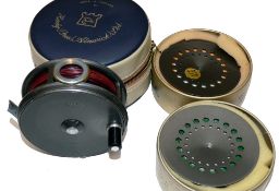 REEL & SPOOLS: (3) Fine Hardy Perfect 3 5/8" alloy fly reel, good smoke agate line guide, black