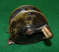 REEL: Fine early Hardy all brass crank wind winch, 2.25" diameter, Rod in hand & oval logo to