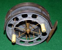 REEL: Early large Allcock Aerial 6 spoke reel with tension regulator, 4.5" diameter, twin ivorine