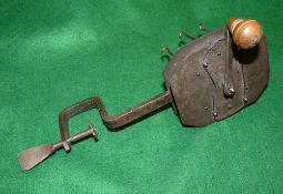 ACCESSORY: Early 6 prong steel gut twisting engine, possibly Redditch, geared housing 4"x3.5", crank