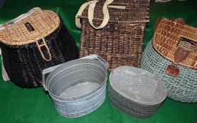 ACCESSORIES: (4) Collection of 3 vintage English willow creels, two pot belly fly fishing creels,