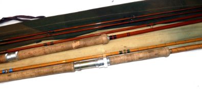 RODS: (2) Hardy No.2 LRH Palakona spinning rod, No.H17907, 9'6" 2 piece, green close whipped, bronze