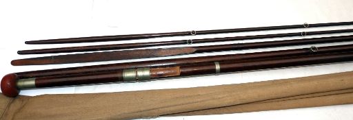 ROD: Early 5 piece greenheart spliced joint drop ring salmon fly rod, incl. 2 tips, one repaired,