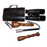 ACCESSORIES: (5) Vintage pair of brass/leather wrapped binoculars 7" long, generally good, with