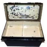 TACKLE BOX?: Vintage black japaned tin box, The Holborn Surgical Instrument Coy London, twin slide