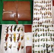 ACCESSORY: Fine and early large leather salmon fly wallet, 9"x12"x2", 18 parchment pages with