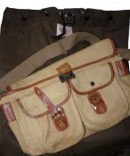 ACCESSORIES: Hardy canvas/leather tackle bag 16"x10", with brass fittings, 2 front pockets, and a