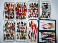 FLIES & BOXES: Collection of approx. 250 hair wing and shrimp salmon flies, in double and treble