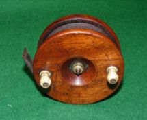 REEL: Fine early Nottingham wooden reel, 3.5" diameter, mahogany with turned bone handles, central