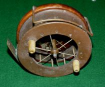 REEL: Early Coxon 6 spoke Aerial reel, 4.5" dim. no tension regulator, twin bone handles, 1 1/8"