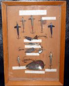 FRAMED LURES: Collection of 11 Hardy metal lure baits incl. Silver Devon Spoon, Swimmer and Model