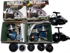 REELS: (4) Pair of Mitchell 410A light blue spinning reels, in fine condition, c/w handbooks,