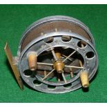 REEL: Early alloy/ebonite drum Aerial reel, 3.5" diameter, 6 spoke with tension regulator, twin horn
